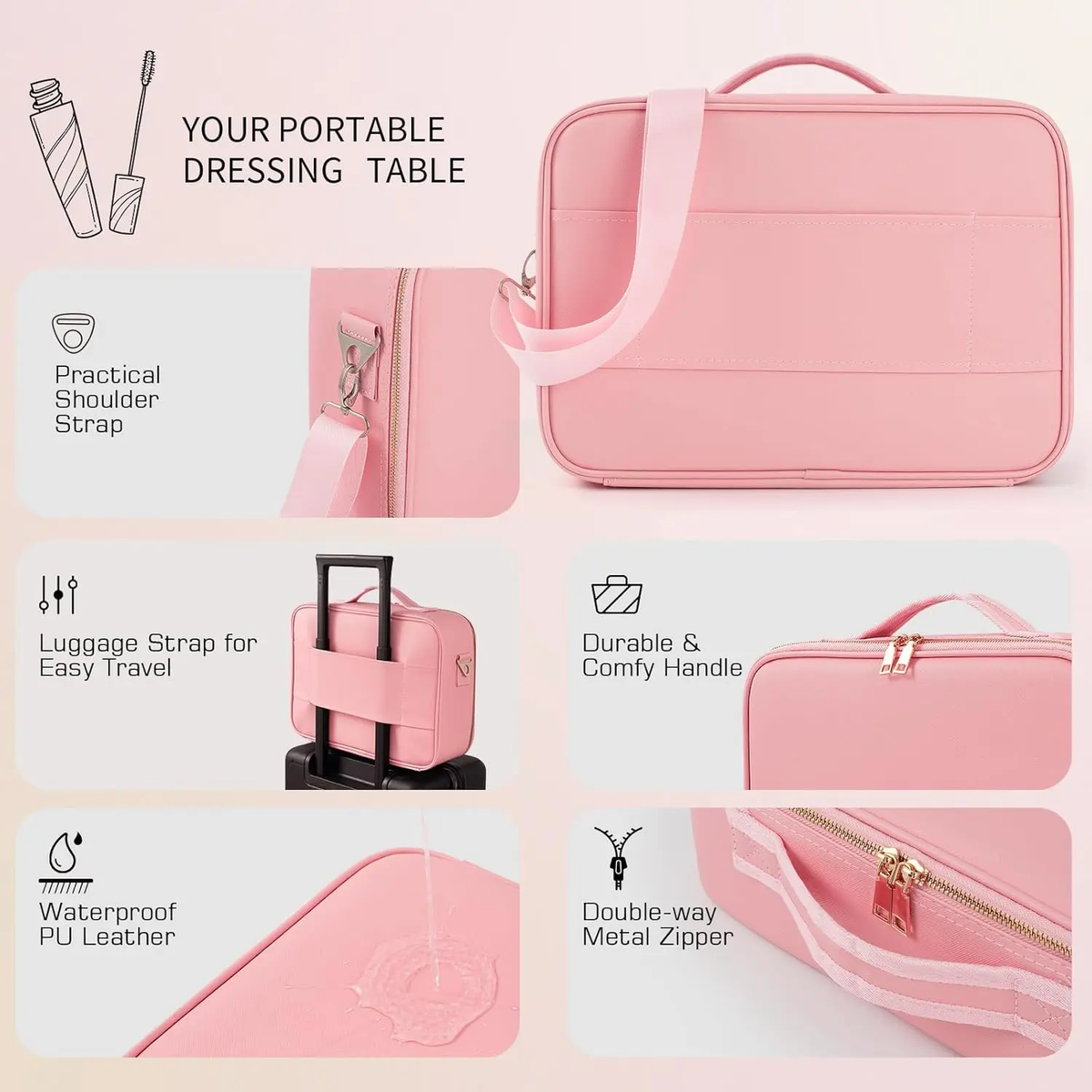 GORISGARMO PU Leather Portable Vanity Travel Makeup Bag with LED Mirror, Adjustable Dividers, 3 Color Scenarios, Adjustable Brightness, Spill-Proof Carry, Cosmetics Organizer for On-Go Use, Christmas Gift for Friends/Family, Makeup Storage Bag