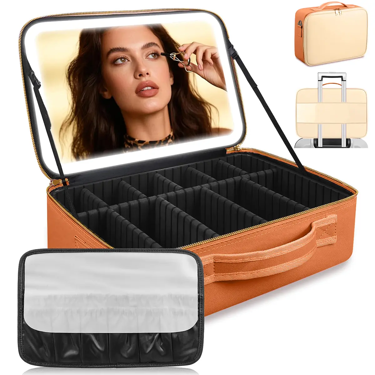 GORISGARMO PU Leather Portable Vanity Travel Makeup Bag with LED Mirror, Adjustable Dividers, 3 Color Scenarios, Adjustable Brightness, Spill-Proof Carry, Cosmetics Organizer for On-Go Use, Christmas Gift for Friends/Family, Makeup Storage Bag