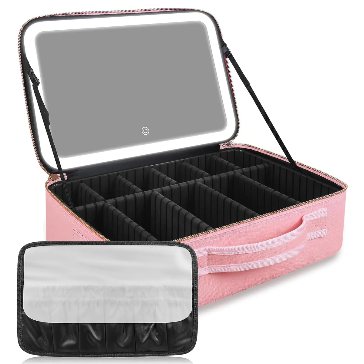 GORISGARMO PU Leather Portable Vanity Travel Makeup Bag with LED Mirror, Adjustable Dividers, 3 Color Scenarios, Adjustable Brightness, Spill-Proof Carry, Cosmetics Organizer for On-Go Use, Christmas Gift for Friends/Family, Makeup Storage Bag