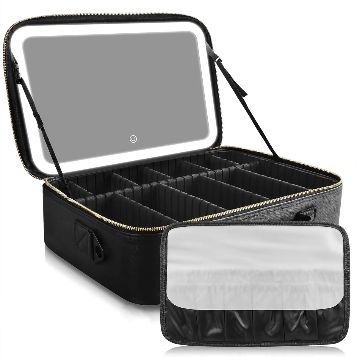 GORISGARMO PU Leather Portable Vanity Travel Makeup Bag with LED Mirror, Adjustable Dividers, 3 Color Scenarios, Adjustable Brightness, Spill-Proof Carry, Cosmetics Organizer for On-Go Use, Christmas Gift for Friends/Family, Makeup Storage Bag