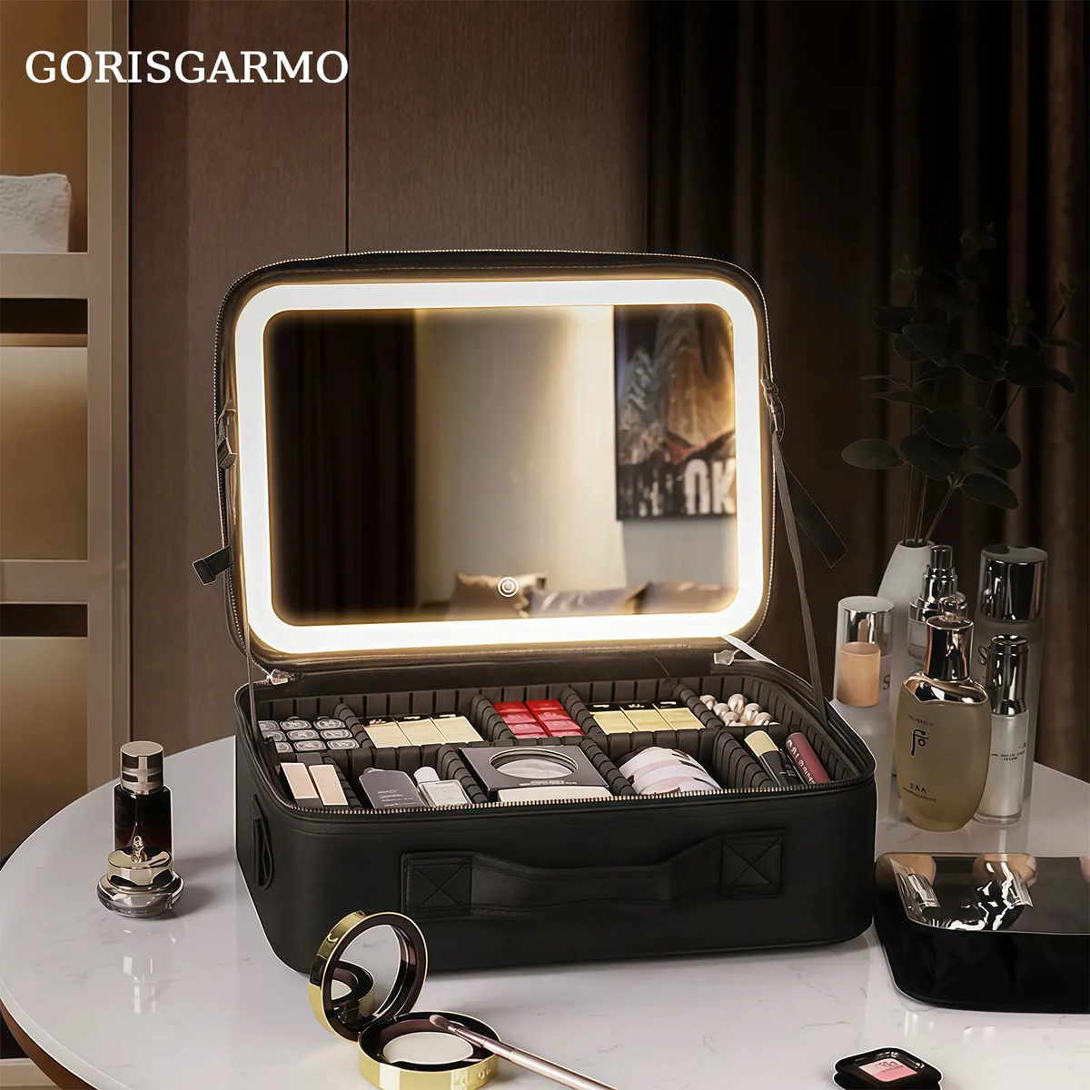 GORISGARMO PU Leather Portable Vanity Travel Makeup Bag with LED Mirror, Adjustable Dividers, 3 Color Scenarios, Adjustable Brightness, Spill-Proof Carry, Cosmetics Organizer for On-Go Use, Christmas Gift for Friends/Family, Makeup Storage Bag