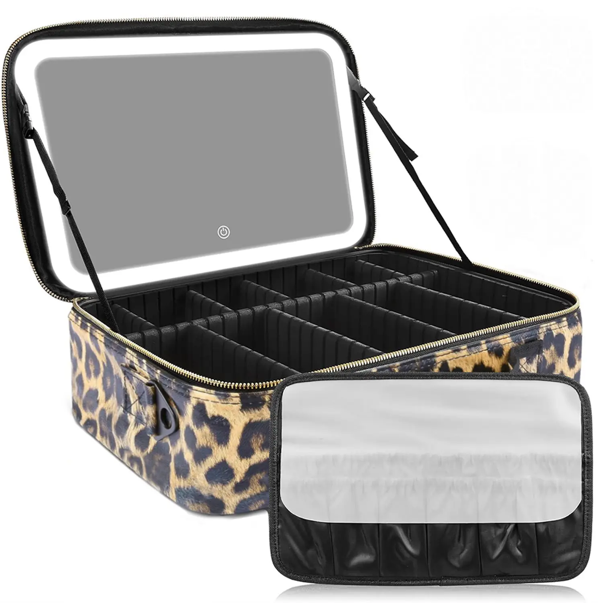 GORISGARMO PU Leather Portable Vanity Travel Makeup Bag with LED Mirror, Adjustable Dividers, 3 Color Scenarios, Adjustable Brightness, Spill-Proof Carry, Cosmetics Organizer for On-Go Use, Christmas Gift for Friends/Family, Makeup Storage Bag