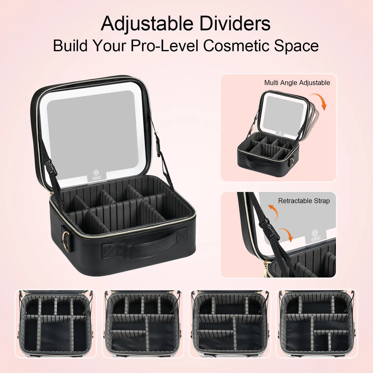 Makeup Bag with Light up Mirror, 10In 12In Makeup Case Travel Cosmetic Bags Brush Organizer Storage Box, Rechargeable Vanity Mirror with 3 Color Lights, High Frame Mirror Protection (Black) Compact