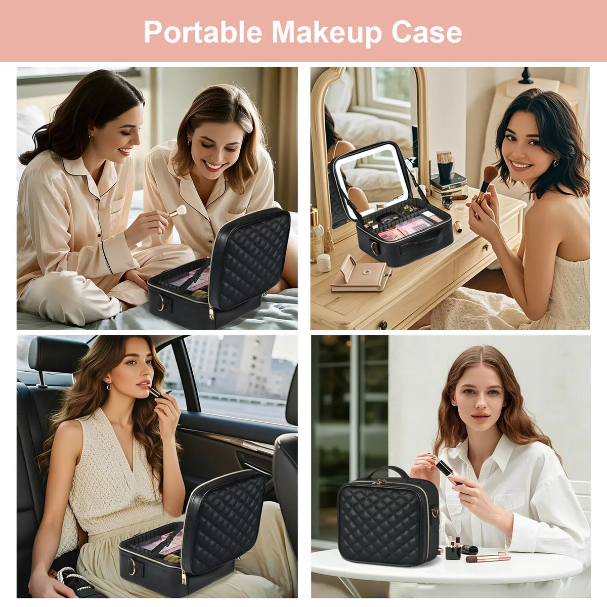 Makeup Bag with Light up Mirror, 10In 12In Makeup Case Travel Cosmetic Bags Brush Organizer Storage Box, Rechargeable Vanity Mirror with 3 Color Lights, High Frame Mirror Protection (Black) Compact