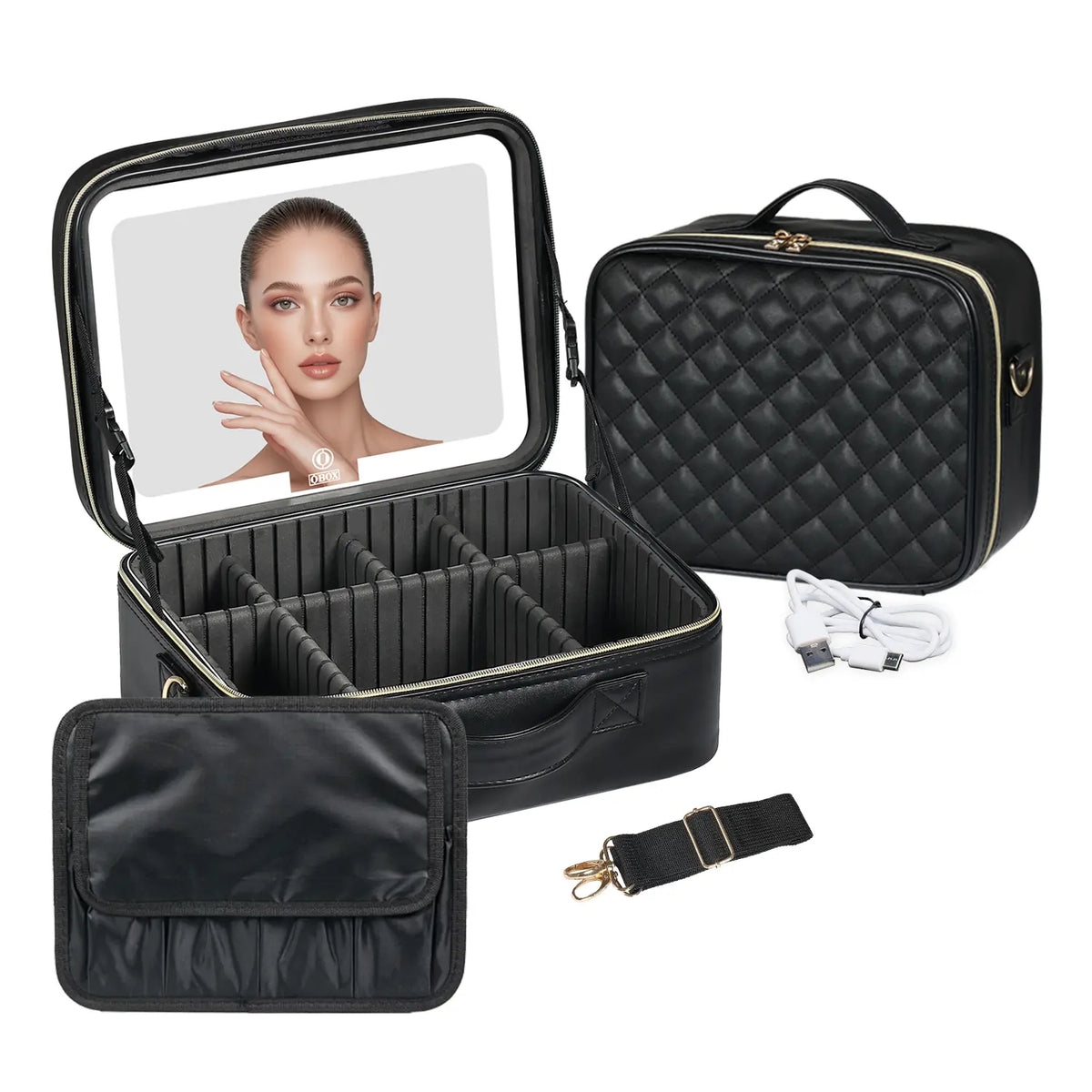 Makeup Bag with Light up Mirror, 10In 12In Makeup Case Travel Cosmetic Bags Brush Organizer Storage Box, Rechargeable Vanity Mirror with 3 Color Lights, High Frame Mirror Protection (Black) Compact