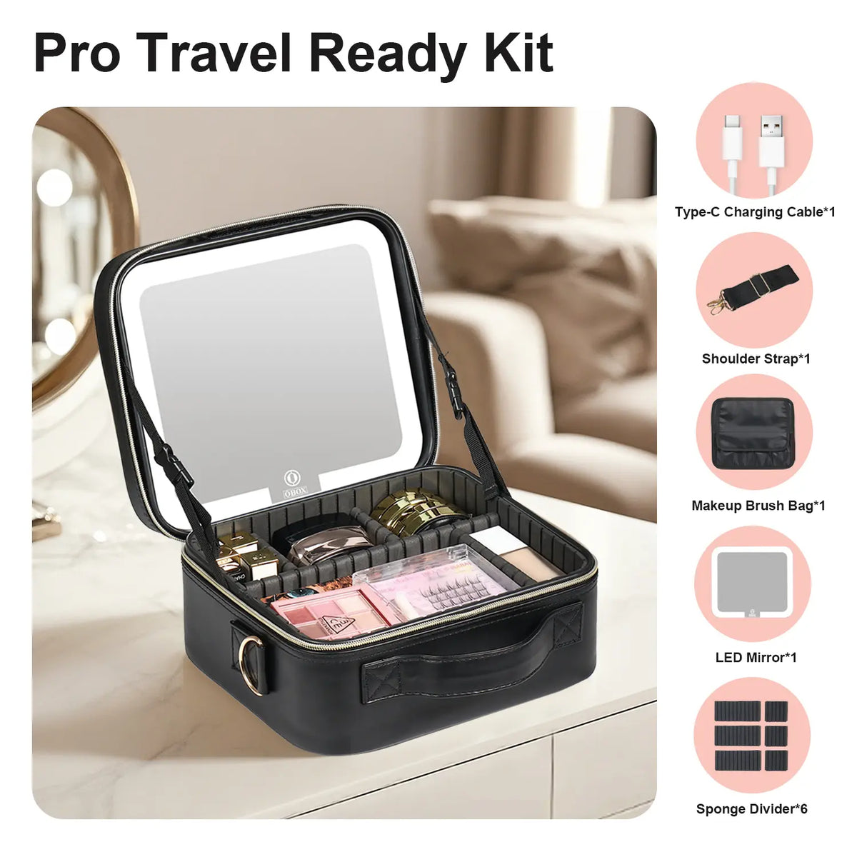 Makeup Bag with Light up Mirror, 10In 12In Makeup Case Travel Cosmetic Bags Brush Organizer Storage Box, Rechargeable Vanity Mirror with 3 Color Lights, High Frame Mirror Protection (Black) Compact