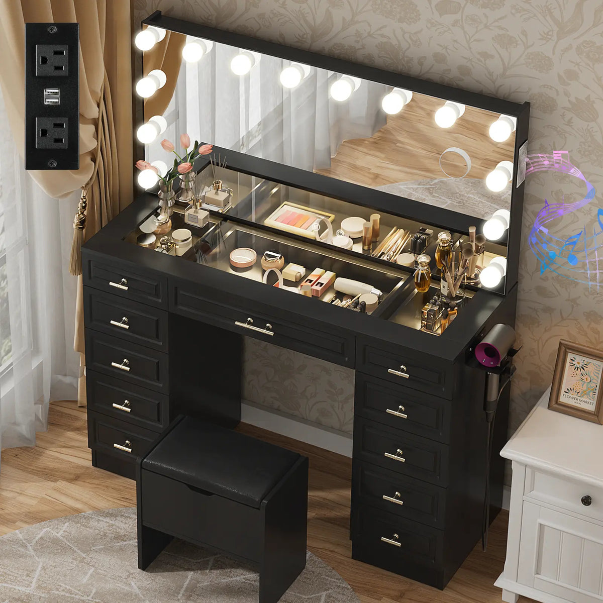 Vowner Bluetooth Speaker Vanity with Glass Top, LED Drawer Lighting, Removable Magnifying Mirror, 11 Drawers, Built-In Outlet, and Remote-Controlled Dimming in White - Ships in Two Boxes