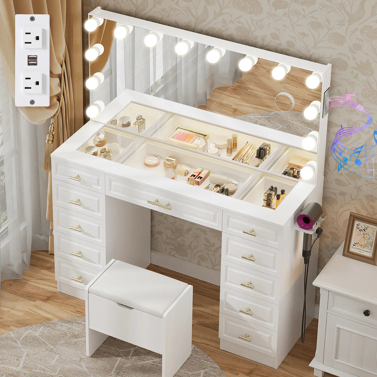 Vowner Bluetooth Speaker Vanity with Glass Top, LED Drawer Lighting, Removable Magnifying Mirror, 11 Drawers, Built-In Outlet, and Remote-Controlled Dimming in White - Ships in Two Boxes
