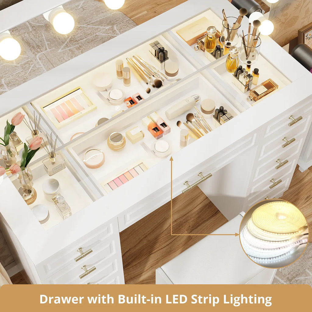 Vowner Bluetooth Speaker Vanity with Glass Top, LED Drawer Lighting, Removable Magnifying Mirror, 11 Drawers, Built-In Outlet, and Remote-Controlled Dimming in White - Ships in Two Boxes