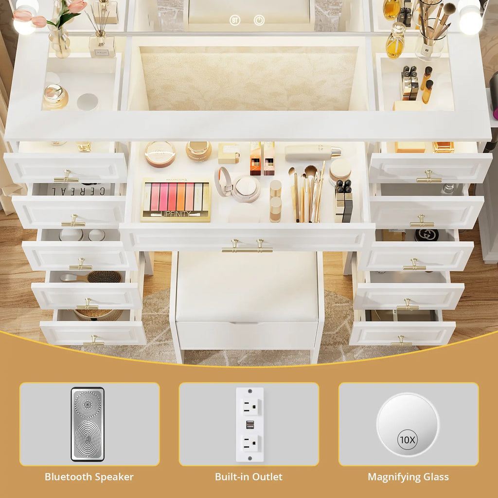 Vowner Bluetooth Speaker Vanity with Glass Top, LED Drawer Lighting, Removable Magnifying Mirror, 11 Drawers, Built-In Outlet, and Remote-Controlled Dimming in White - Ships in Two Boxes