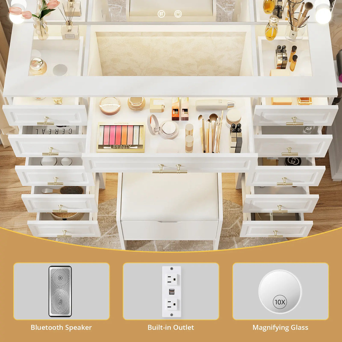 Vowner Bluetooth Speaker Vanity with Glass Top, LED Drawer Lighting, Removable Magnifying Mirror, 11 Drawers, Built-In Outlet, and Remote-Controlled Dimming in White - Ships in Two Boxes