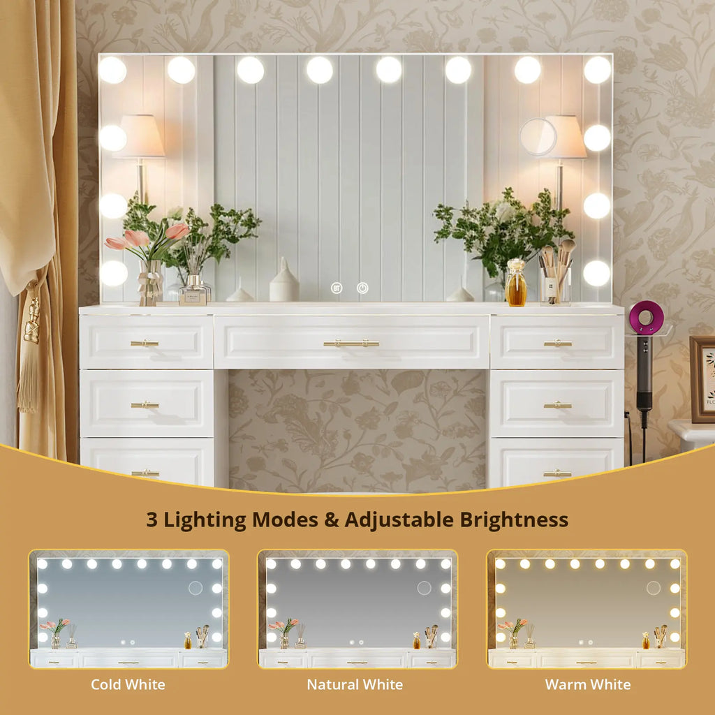 Vowner Bluetooth Speaker Vanity with Glass Top, LED Drawer Lighting, Removable Magnifying Mirror, 11 Drawers, Built-In Outlet, and Remote-Controlled Dimming in White - Ships in Two Boxes