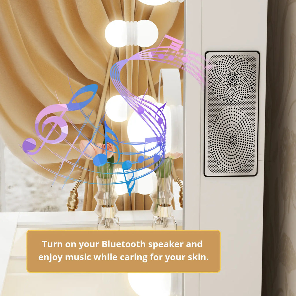 Vowner Bluetooth Speaker Vanity with Glass Top, LED Drawer Lighting, Removable Magnifying Mirror, 11 Drawers, Built-In Outlet, and Remote-Controlled Dimming in White - Ships in Two Boxes