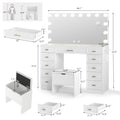 Vowner Bluetooth Speaker Vanity with Glass Top, LED Drawer Lighting, Removable Magnifying Mirror, 11 Drawers, Built-In Outlet, and Remote-Controlled Dimming in White - Ships in Two Boxes