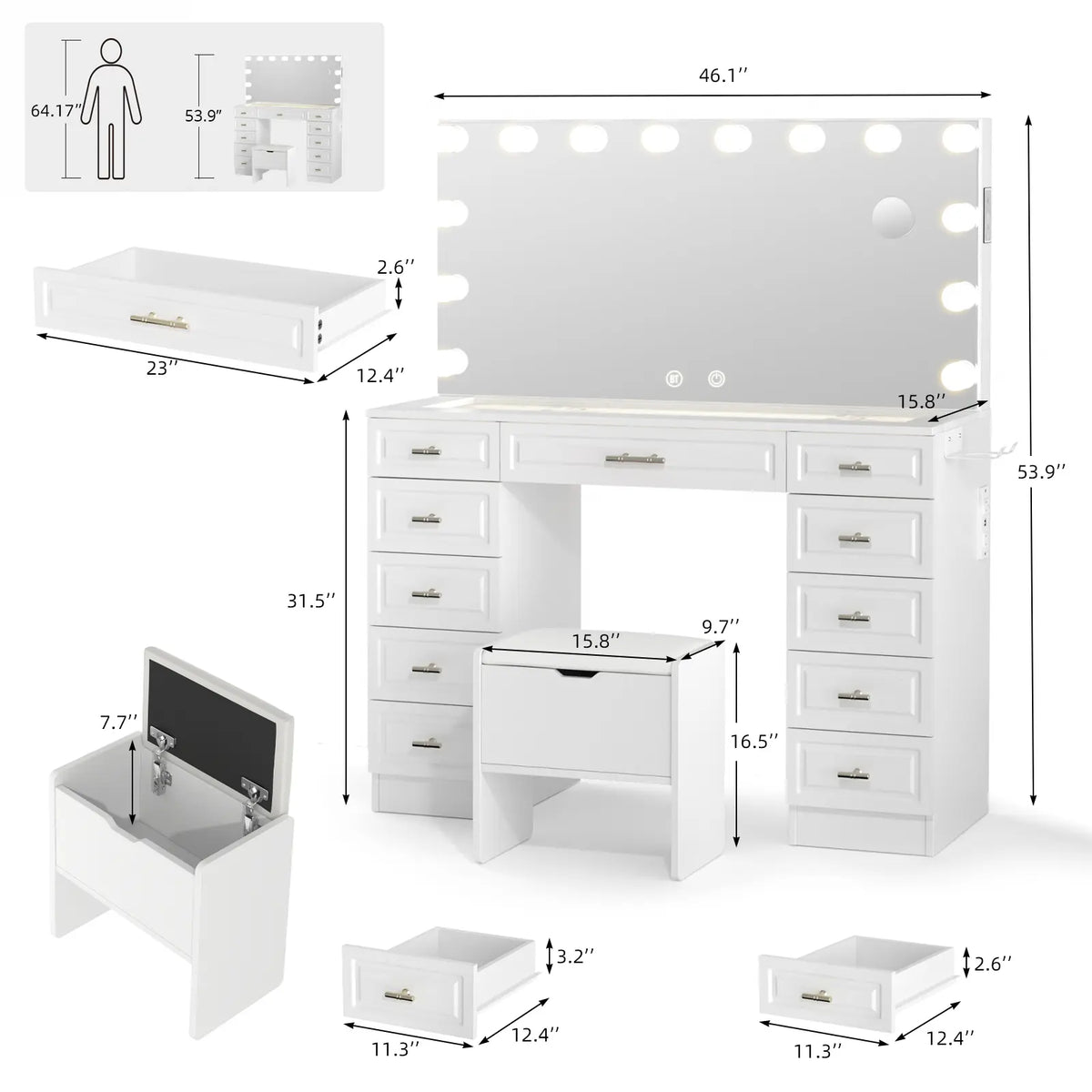 Vowner Bluetooth Speaker Vanity with Glass Top, LED Drawer Lighting, Removable Magnifying Mirror, 11 Drawers, Built-In Outlet, and Remote-Controlled Dimming in White - Ships in Two Boxes