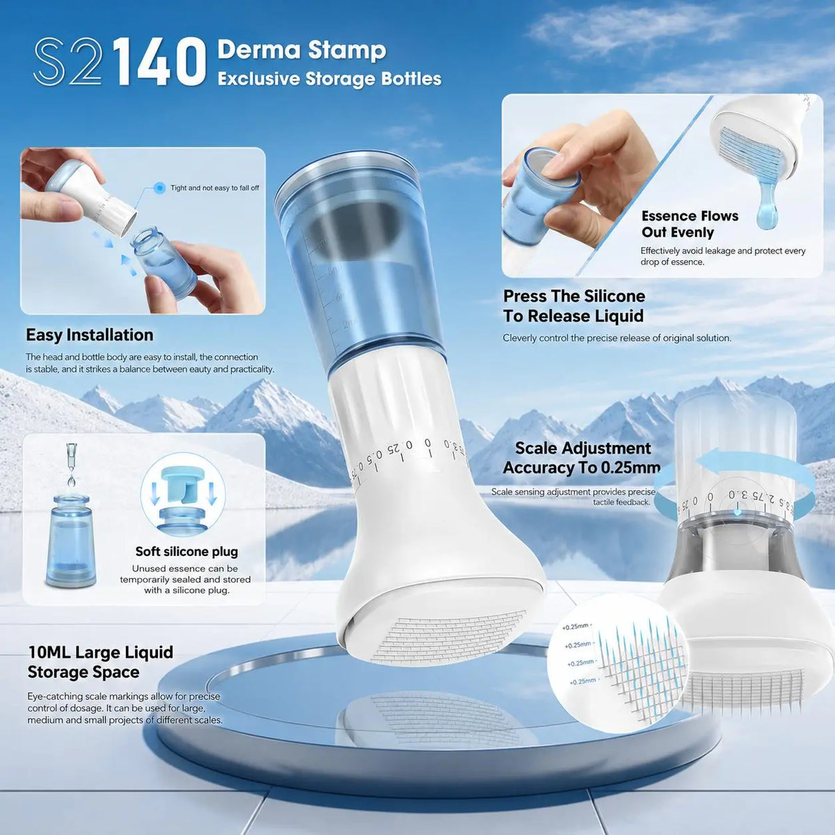 Titanium Derma Stamp - 0.25Mm Adjustable Microneedling Skincare Tool with 10Ml Serum Applicator, 140 Fine Pins, Easy to Clean for Scalp & Beard Care, Portable Beauty Tool, Scalp Care, None, Adjustable Depth